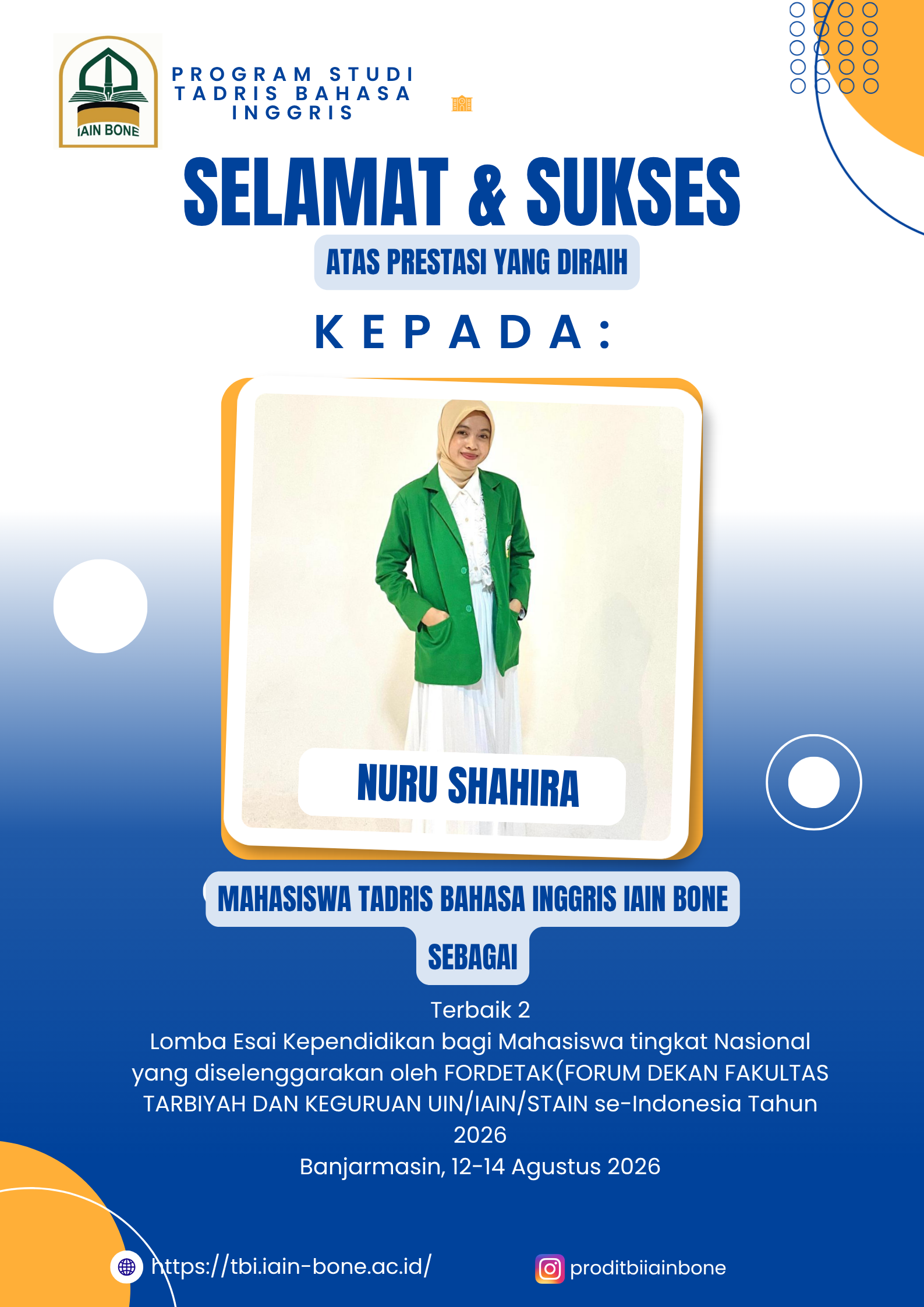Mahasiswa Tadris Bahasa Inggris IAIN Bone Raih Terbaik 2 Lomba Esai Kependidikan Tingkat Nasional